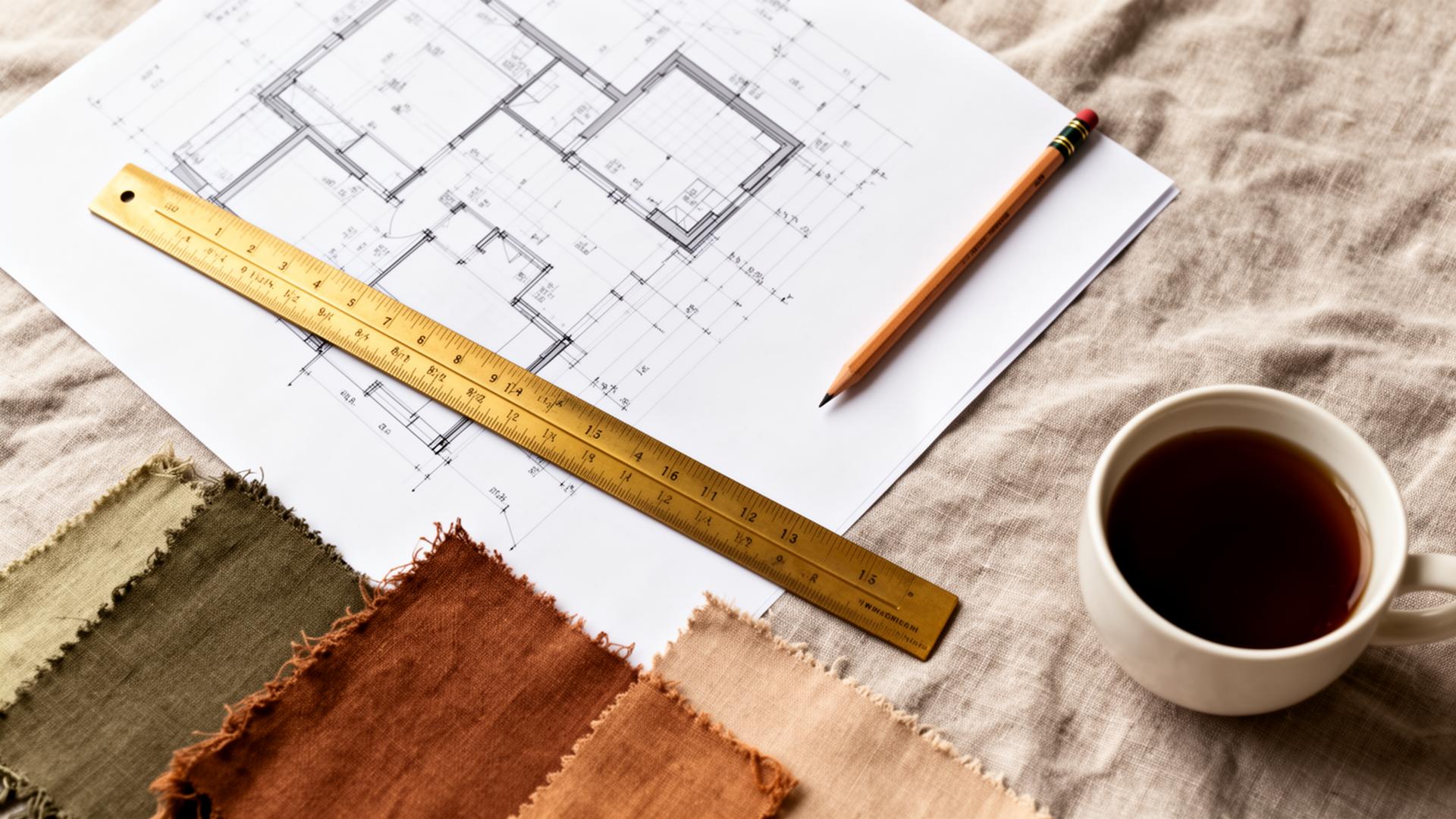 Architectural drawings and fabric swatches